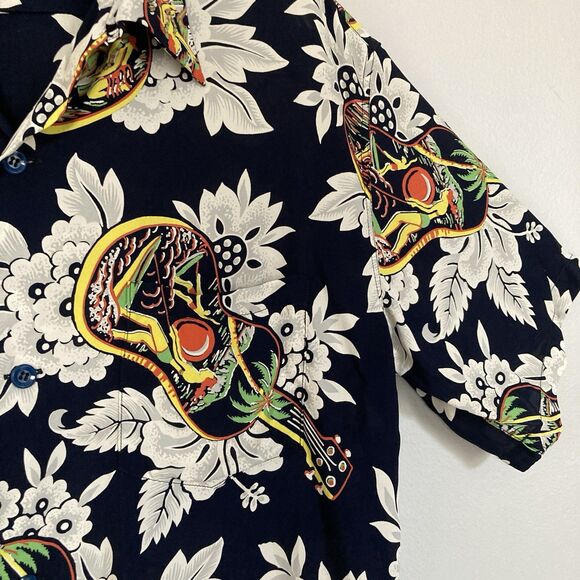 SUN SURF Aloha Hawaiian Shirt Large UKELELE MELODY Navy Rayon Made in Japan 2019 - Picture 3 of 11